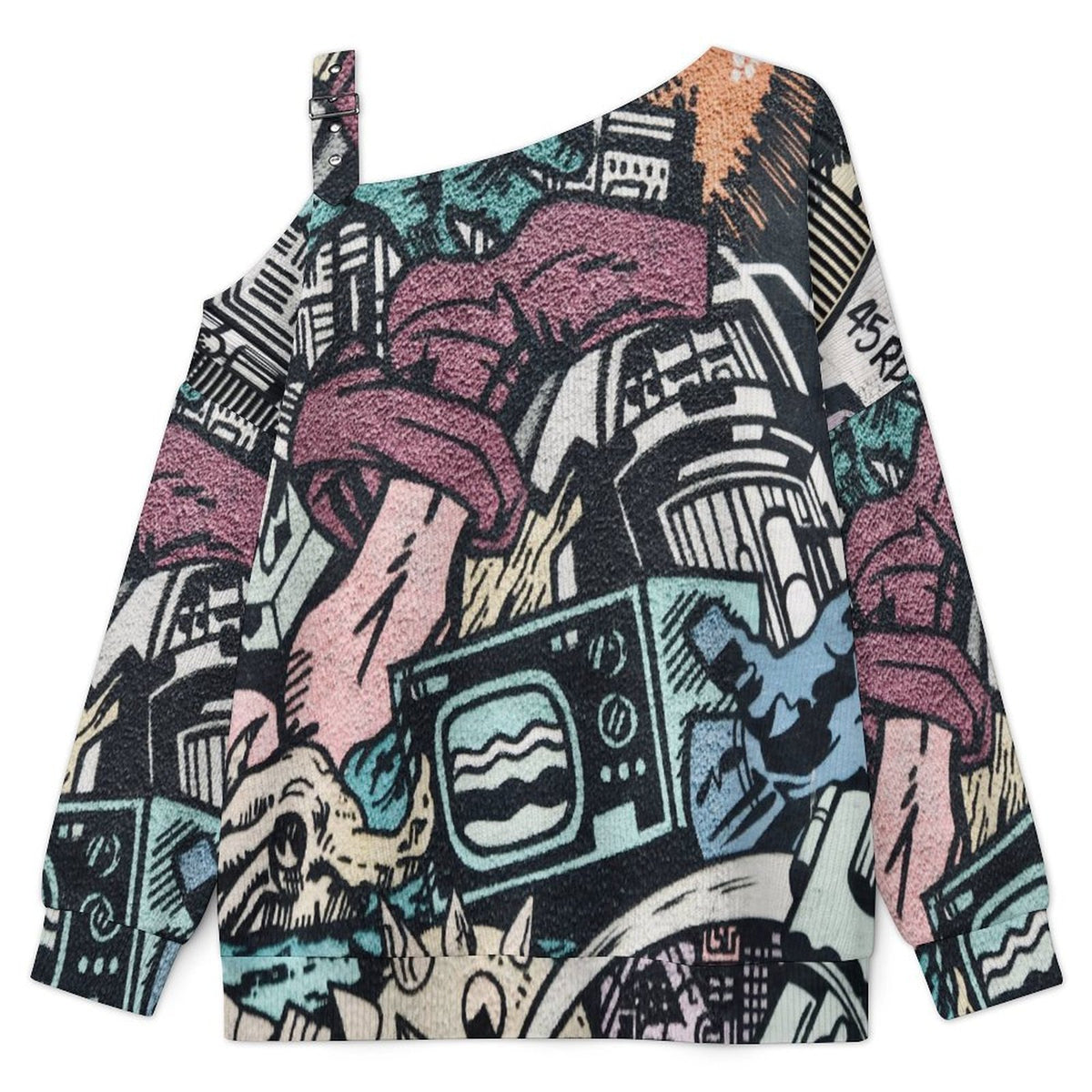 Off-the-shoulder Sweater Trendy Graffiti  Asymmetric Cold Shoulder Knit Sweater for Women, Adjustable Buckle Strap Long Sleeve Casual Slouchy Pullover
