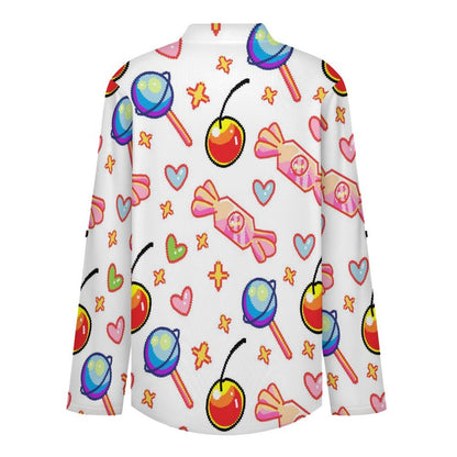 Stand-up Collar Long-sleeved Shirt Pixel Food white SWomen’s V-Neck Blouses