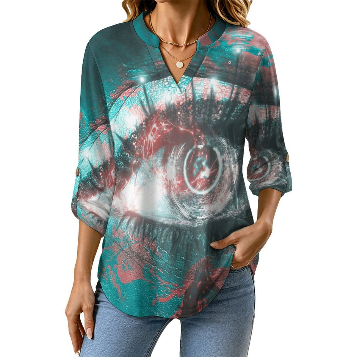 Stand-up Collar Long-sleeved Shirt Blue, Eyes, Abstract Painting  Customization Women’s V-Neck Blouses,long Sleeve,Roll-Up Sleeve Shirt