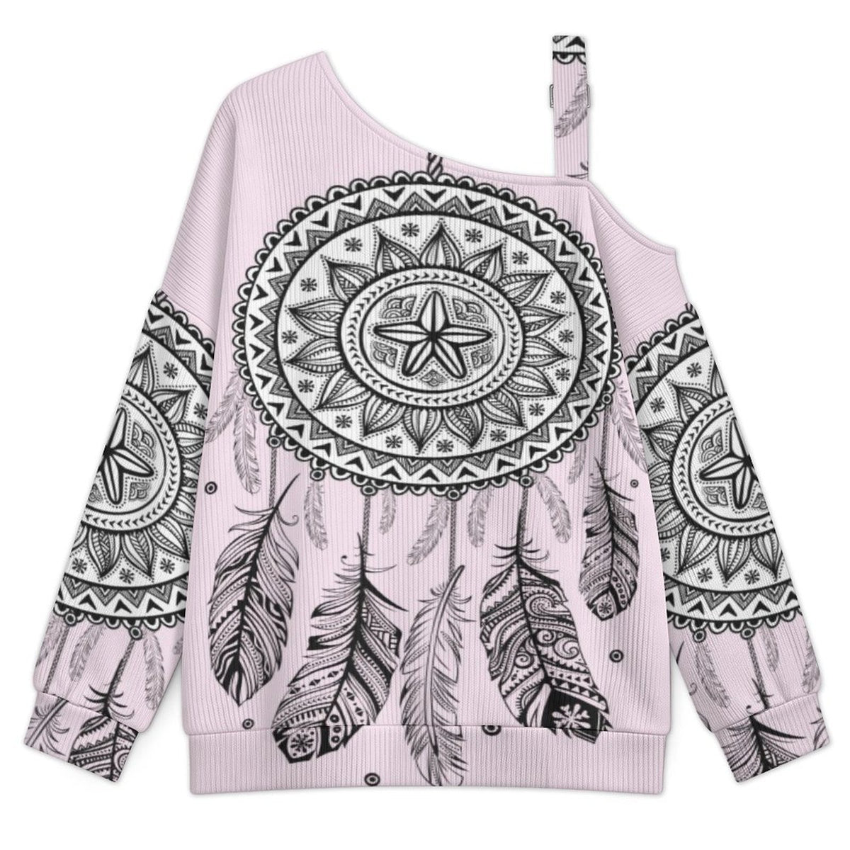 Off-the-shoulder Sweater Boho Style  Asymmetric Cold Shoulder Knit Sweater for Women, Adjustable Buckle Strap Long Sleeve Casual Slouchy Pullover