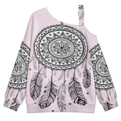 Off-the-shoulder Sweater Boho Style  Asymmetric Cold Shoulder Knit Sweater for Women, Adjustable Buckle Strap Long Sleeve Casual Slouchy Pullover