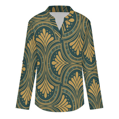 Stand-up Collar Long-sleeved Shirt Retro Pattern  Customization Women’s V-Neck Blouses,long Sleeve,Roll-Up Sleeve Shirt
