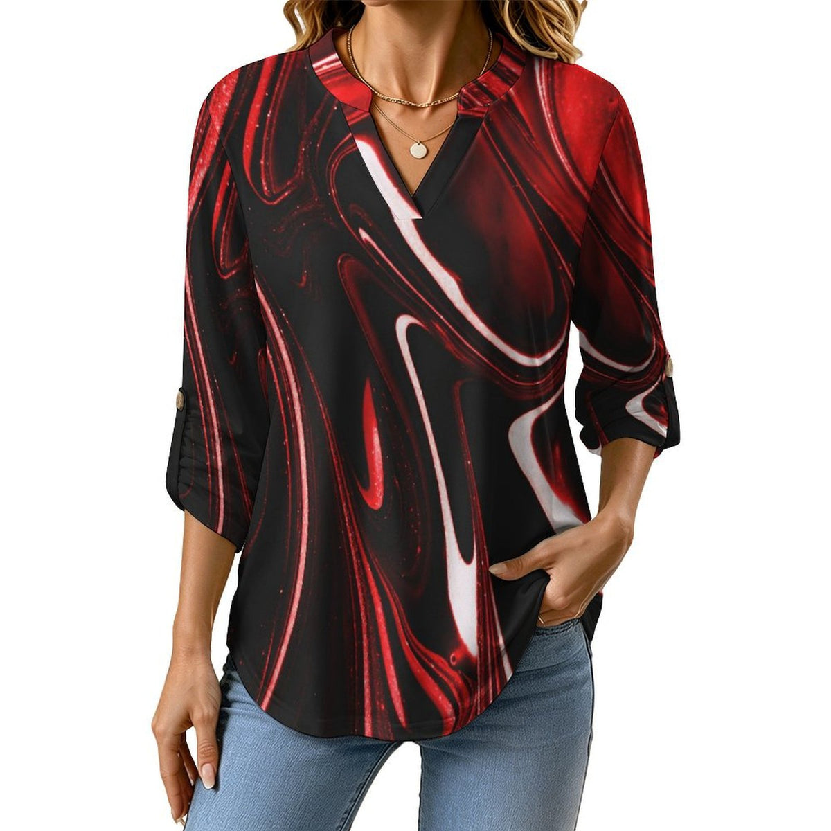 Stand-up Collar Long-sleeved Shirt Red Black Liquid Pattern  Customization Women’s V-Neck Blouses,long Sleeve,Roll-Up Sleeve Shirt