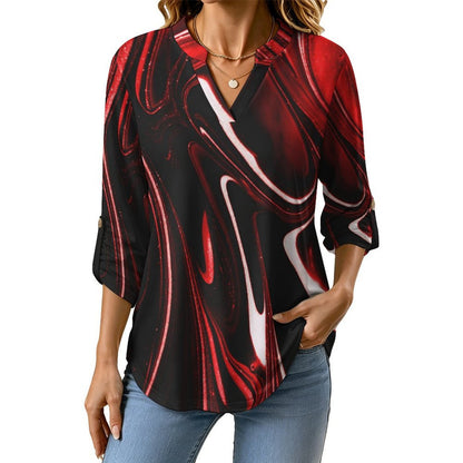 Stand-up Collar Long-sleeved Shirt Red Black Liquid Pattern  Customization Women’s V-Neck Blouses,long Sleeve,Roll-Up Sleeve Shirt