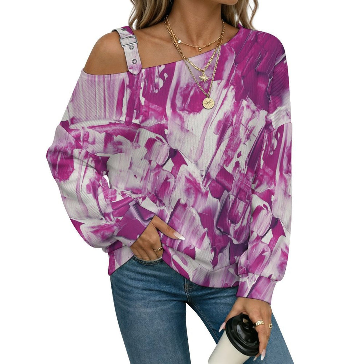Off-the-shoulder Sweater Pink White Smear Pattern  Asymmetric Cold Shoulder Knit Sweater for Women, Adjustable Buckle Strap Long Sleeve Casual Slouchy Pullover