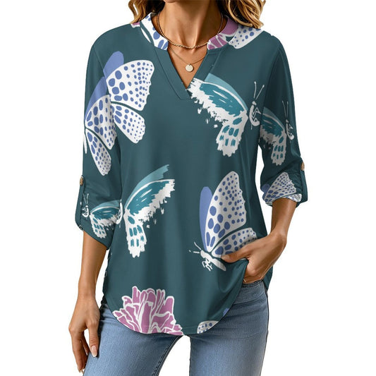 Stand-up Collar Long-sleeved Shirt Butterfly, Print  Women’s V-Neck Blouses