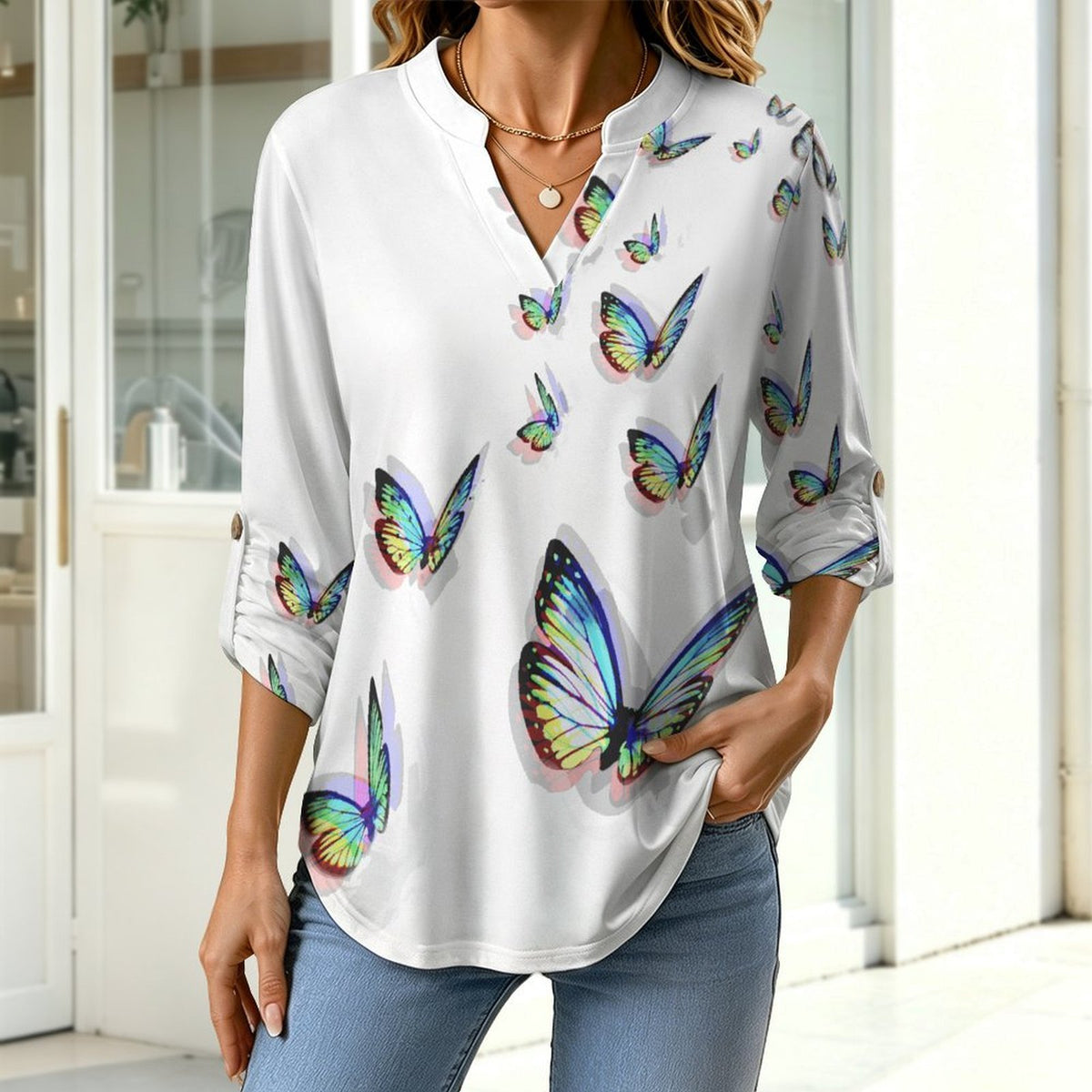 Stand-up Collar Long-sleeved Shirt Colorful Butterfly  Customization Women’s V-Neck Blouses,long Sleeve,Roll-Up Sleeve Shirt