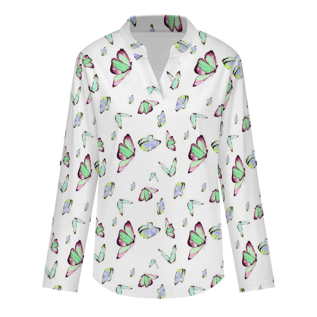 Versatile Notched V-Neck Tunic  Roll Tab 3/4 Sleeve Office Casual Top  Butterfly T-shirt Dress