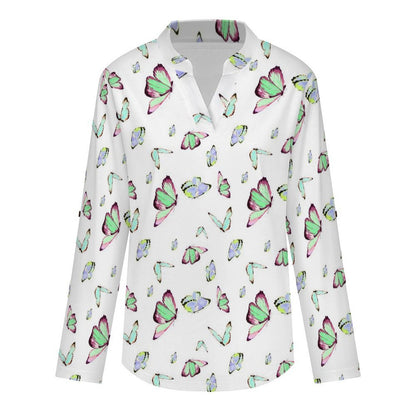 Versatile Notched V-Neck Tunic  Roll Tab 3/4 Sleeve Office Casual Top  Butterfly T-shirt Dress