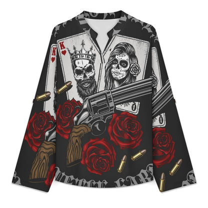 Stand-up Collar Long-sleeved Shirt Halloween, Poker, Skeletons  Customization Women’s V-Neck Blouses,long Sleeve,Roll-Up Sleeve Shirt