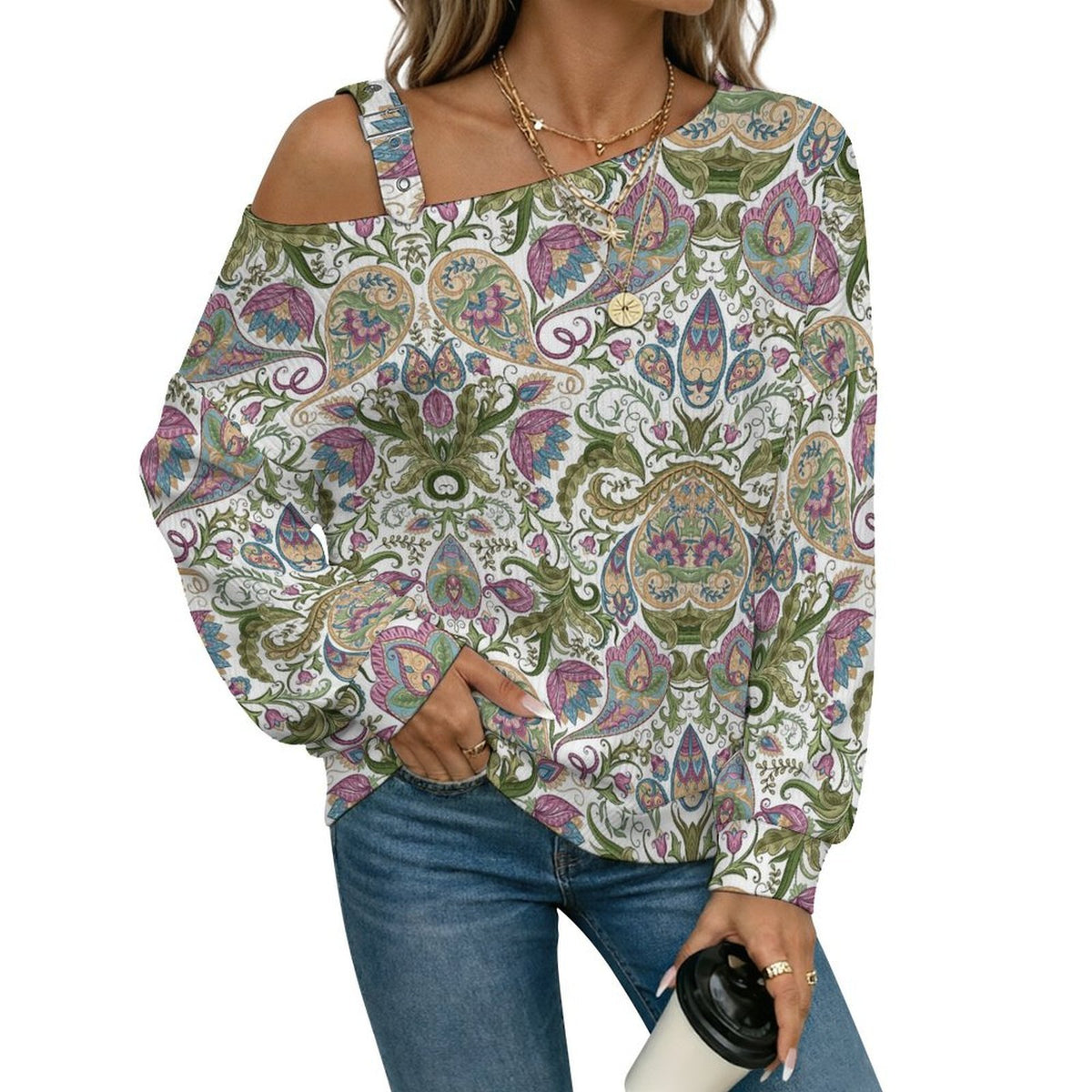 Women’s Off-Shoulder Knit Sweater Paisley