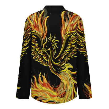 Stand-up Collar Long-sleeved Shirt Fire, Gold, Birds  Customization Women’s V-Neck Blouses,long Sleeve,Roll-Up Sleeve Shirt