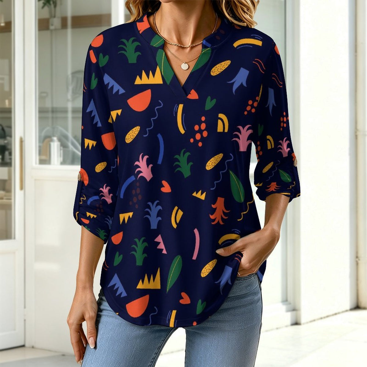 Stand-up Collar Long-sleeved Shirt Mexico Pattern  Customization Women’s V-Neck Blouses,long Sleeve,Roll-Up Sleeve Shirt