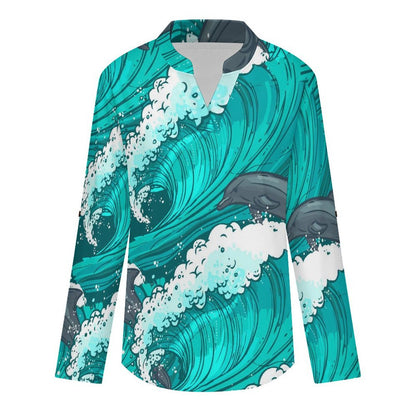 Stand-up Collar Long-sleeved Shirt Dolphins, Waves  Customization Women’s V-Neck Blouses,long Sleeve,Roll-Up Sleeve Shirt