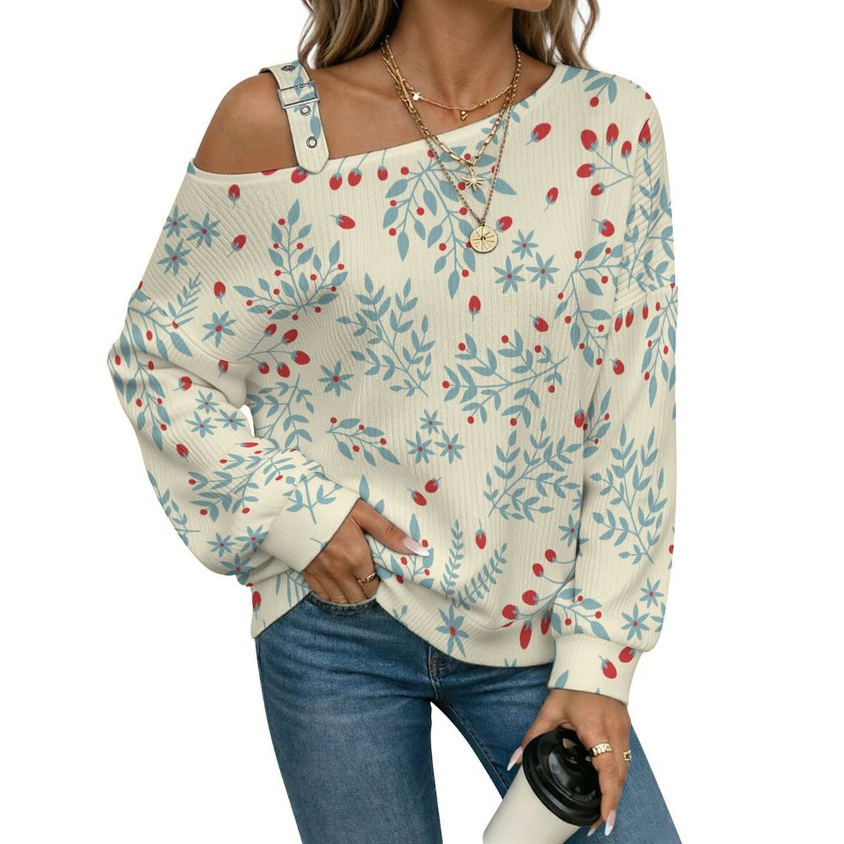 Off-the-shoulder Sweater Repeat - Tile - Leaf - Fruit - Green - Red - Light Yellow  Asymmetric Cold Shoulder Knit Sweater for Women, Adjustable Buckle Strap Long Sleeve Casual Slouchy Pullover