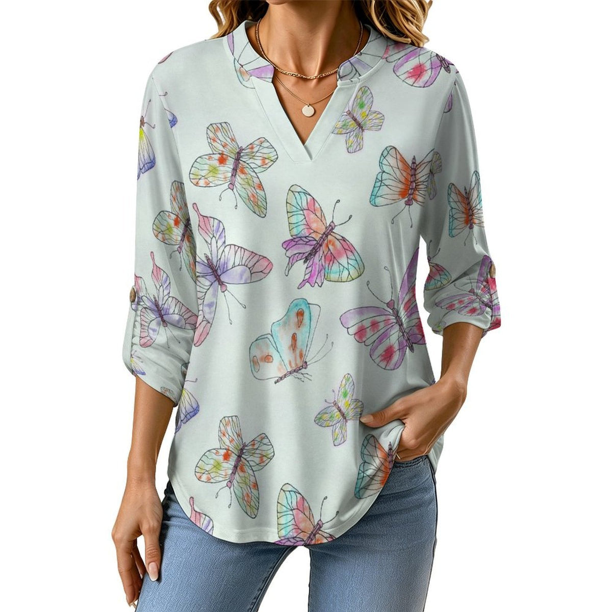 Stand-up Collar Long-sleeved Shirt Color Butterfly Background  Customization Women’s V-Neck Blouses,long Sleeve,Roll-Up Sleeve Shirt