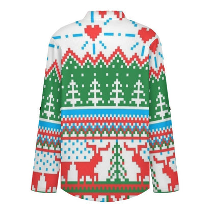 Stand-up Collar Long-sleeved Shirt Christmas Pattern  Customization Women’s V-Neck Blouses,long Sleeve,Roll-Up Sleeve Shirt