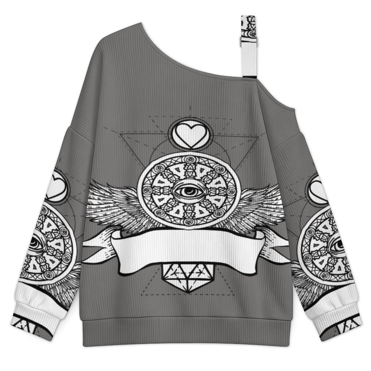 Off-the-shoulder Sweater Wing Eye  Asymmetric Cold Shoulder Knit Sweater for Women, Adjustable Buckle Strap Long Sleeve Casual Slouchy Pullover