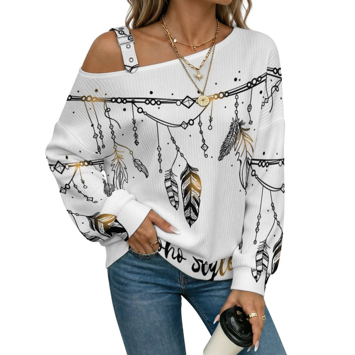 Off-the-shoulder Sweater Boho Style  Asymmetric Cold Shoulder Knit Sweater for Women, Adjustable Buckle Strap Long Sleeve Casual Slouchy Pullover
