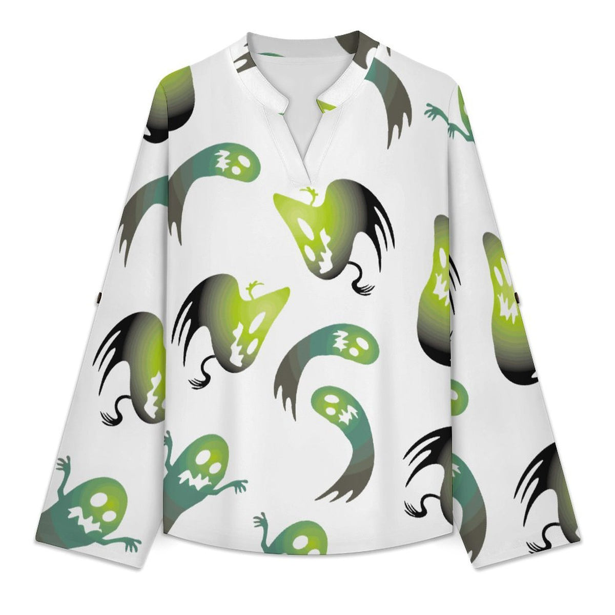 Women's Notched V Neck Tunic Tops, Roll Up 3/4 Sleeve Button Cuff Casual Blouse, Hem Loose Work Shirts  The Ghost Repeats A Pattern of Gradient Green