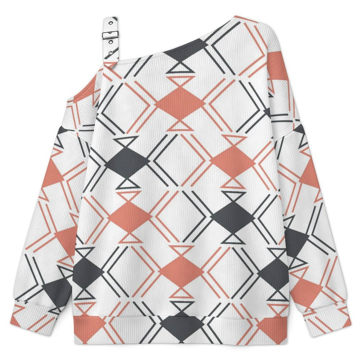 Off-the-shoulder Sweater Diamond Pattern  Asymmetric Cold Shoulder Knit Sweater for Women, Adjustable Buckle Strap Long Sleeve Casual Slouchy Pullover