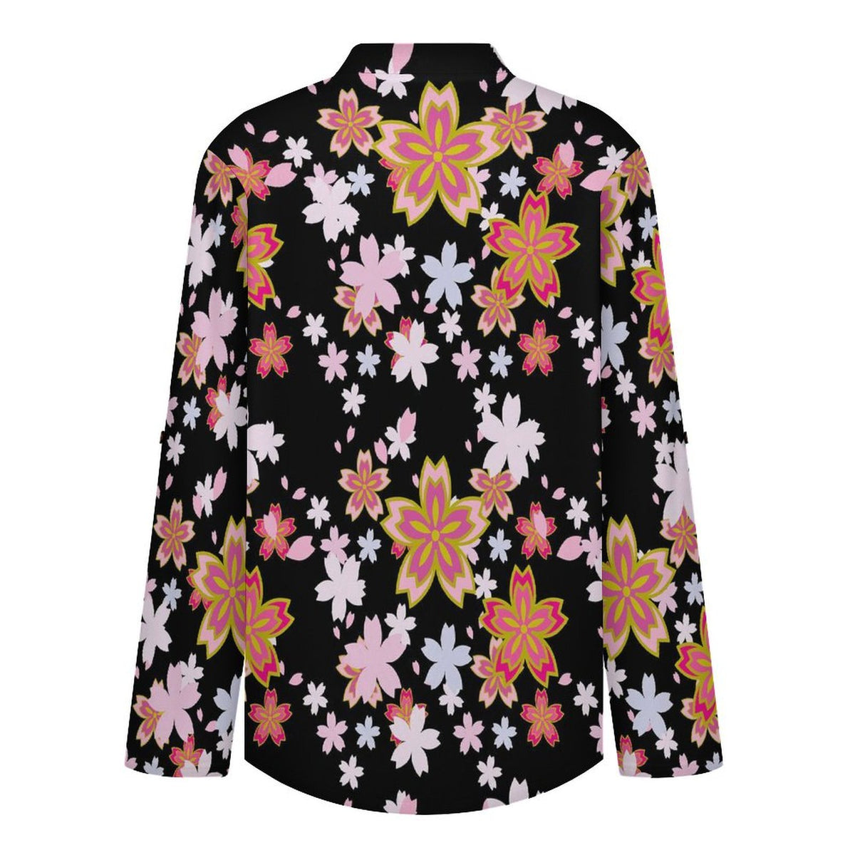 Stand-up Collar Long-sleeved Shirt Black, Pink Cherry Blossoms  Customization Women’s V-Neck Blouses,long Sleeve,Roll-Up Sleeve Shirt