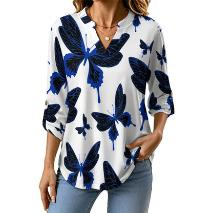 Stand-up Collar Long-sleeved Shirt Butterfly Good Luck Repeat Pattern  Customization Women’s V-Neck Blouses,long Sleeve,Roll-Up Sleeve Shirt