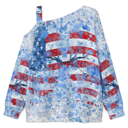 Off-the-shoulder Sweater Underwater Flag, Water Drops  Asymmetric Cold Shoulder Knit Sweater for Women, Adjustable Buckle Strap Long Sleeve Casual Slouchy Pullover