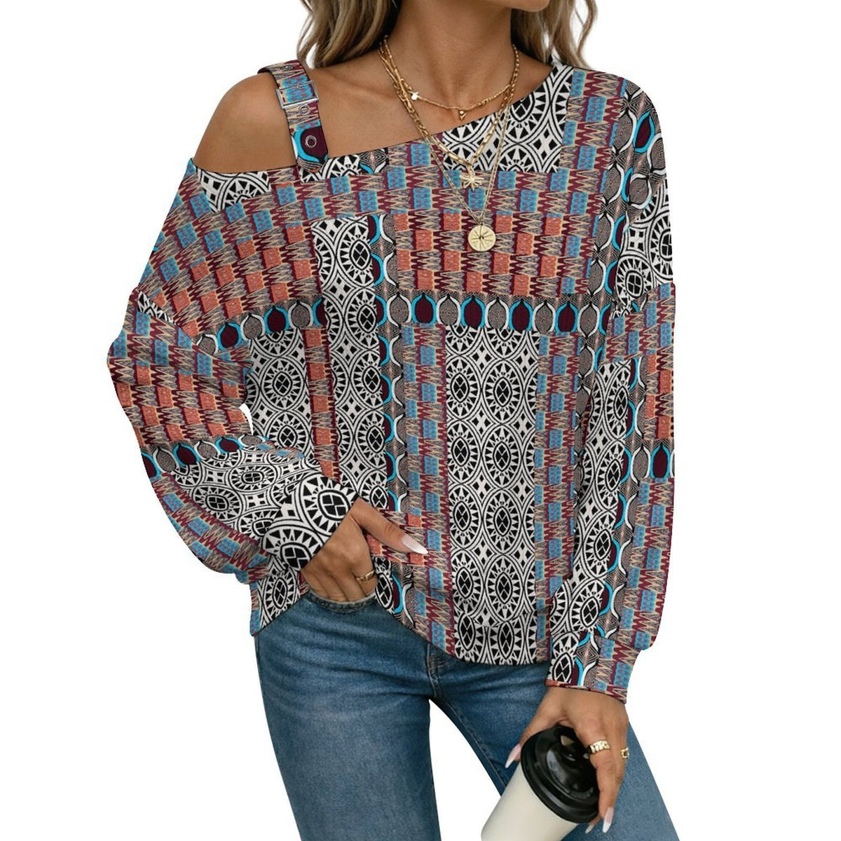 Off-the-shoulder Sweater European Retro Pattern  Asymmetric Cold Shoulder Knit Sweater for Women, Adjustable Buckle Strap Long Sleeve Casual Slouchy Pullover