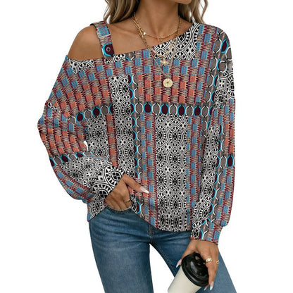 Off-the-shoulder Sweater European Retro Pattern  Asymmetric Cold Shoulder Knit Sweater for Women, Adjustable Buckle Strap Long Sleeve Casual Slouchy Pullover