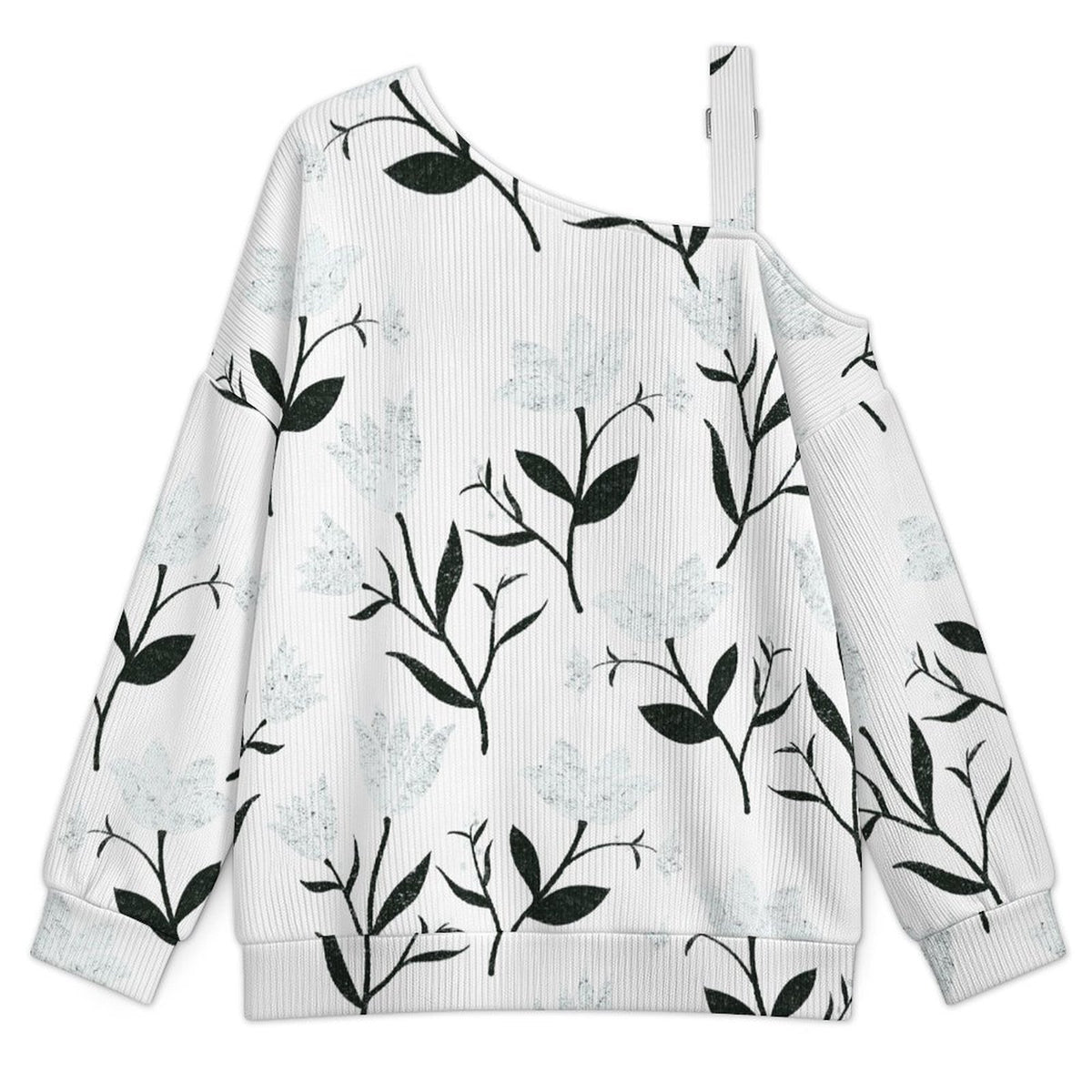 Off-the-shoulder Sweater White Flowers  Asymmetric Cold Shoulder Knit Sweater for Women, Adjustable Buckle Strap Long Sleeve Casual Slouchy Pullover