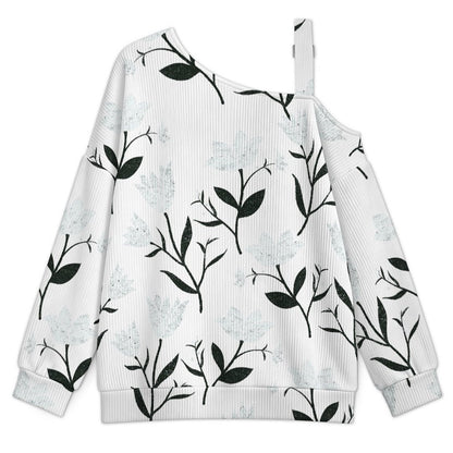 Off-the-shoulder Sweater White Flowers  Asymmetric Cold Shoulder Knit Sweater for Women, Adjustable Buckle Strap Long Sleeve Casual Slouchy Pullover