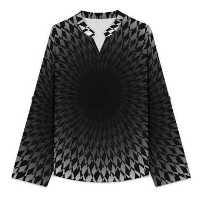 Stand-up Collar Long-sleeved Shirt Optical Art Viaual Trap  Customization Women’s V-Neck Blouses,long Sleeve,Roll-Up Sleeve Shirt