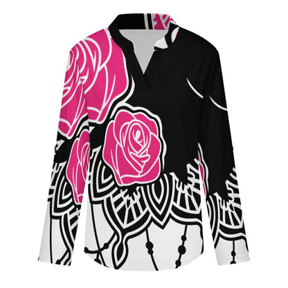 Stand-up Collar Long-sleeved Shirt Rose And Black Cat  Customization Women’s V-Neck Blouses,long Sleeve,Roll-Up Sleeve Shirt