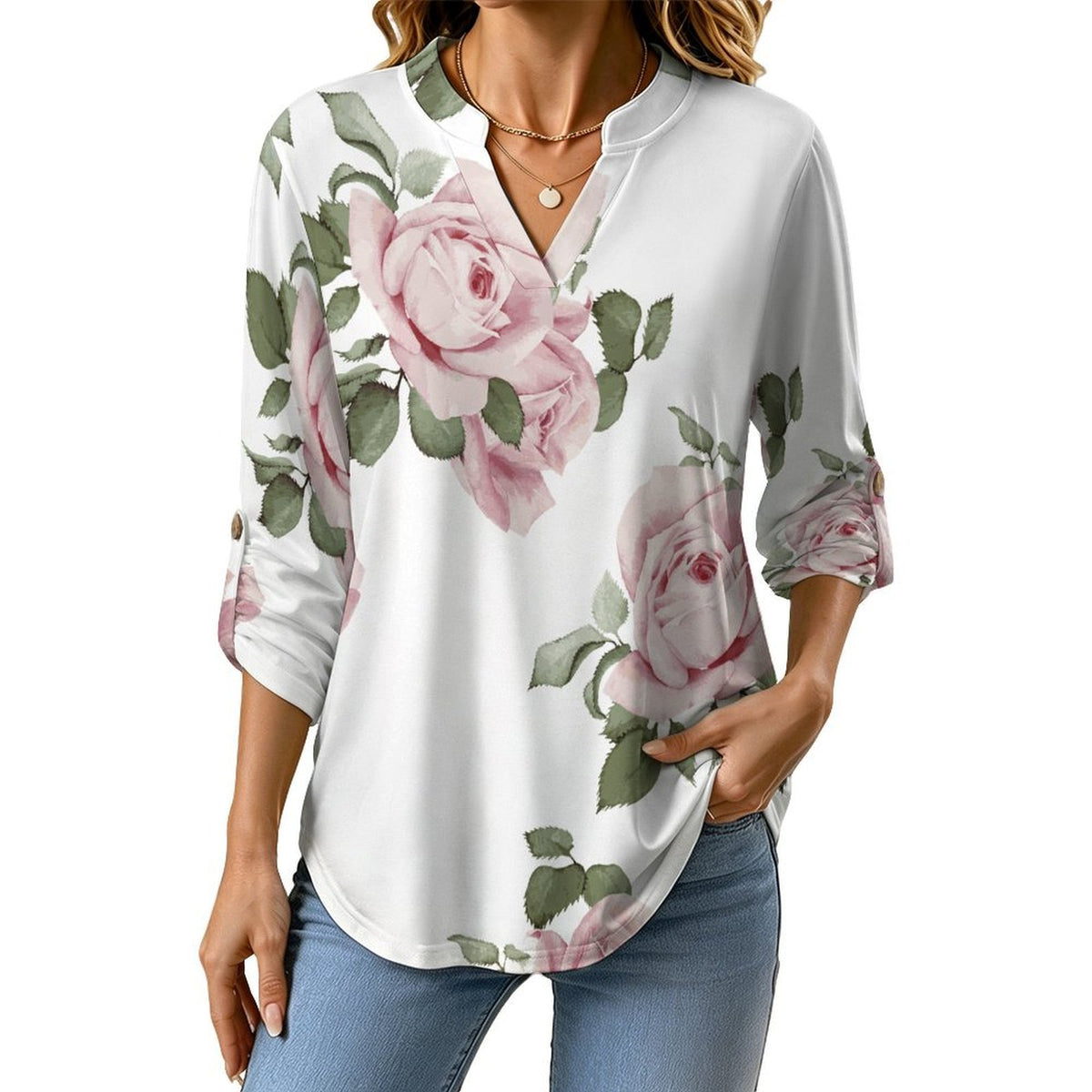 Rose Repeat Tablecloth Curtain  Women Curved Hem V Neck Roll Sleeve Casual Work Top
