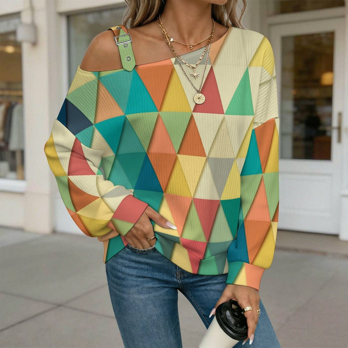 Off-the-shoulder Sweater Colorful Geometric Figures  Asymmetric Cold Shoulder Knit Sweater for Women, Adjustable Buckle Strap Long Sleeve Casual Slouchy Pullover