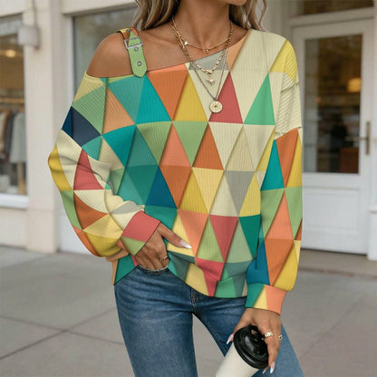 Off-the-shoulder Sweater Colorful Geometric Figures  Asymmetric Cold Shoulder Knit Sweater for Women, Adjustable Buckle Strap Long Sleeve Casual Slouchy Pullover