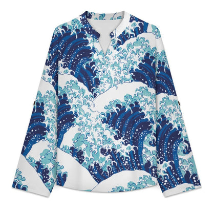 Stand-up Collar Long-sleeved Shirt Chinese Wind, Wave  Customization Women’s V-Neck Blouses,long Sleeve,Roll-Up Sleeve Shirt