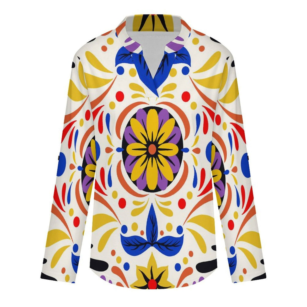 Stand-up Collar Long-sleeved Shirt Mexico Pattern  Customization Women’s V-Neck Blouses,long Sleeve,Roll-Up Sleeve Shirt