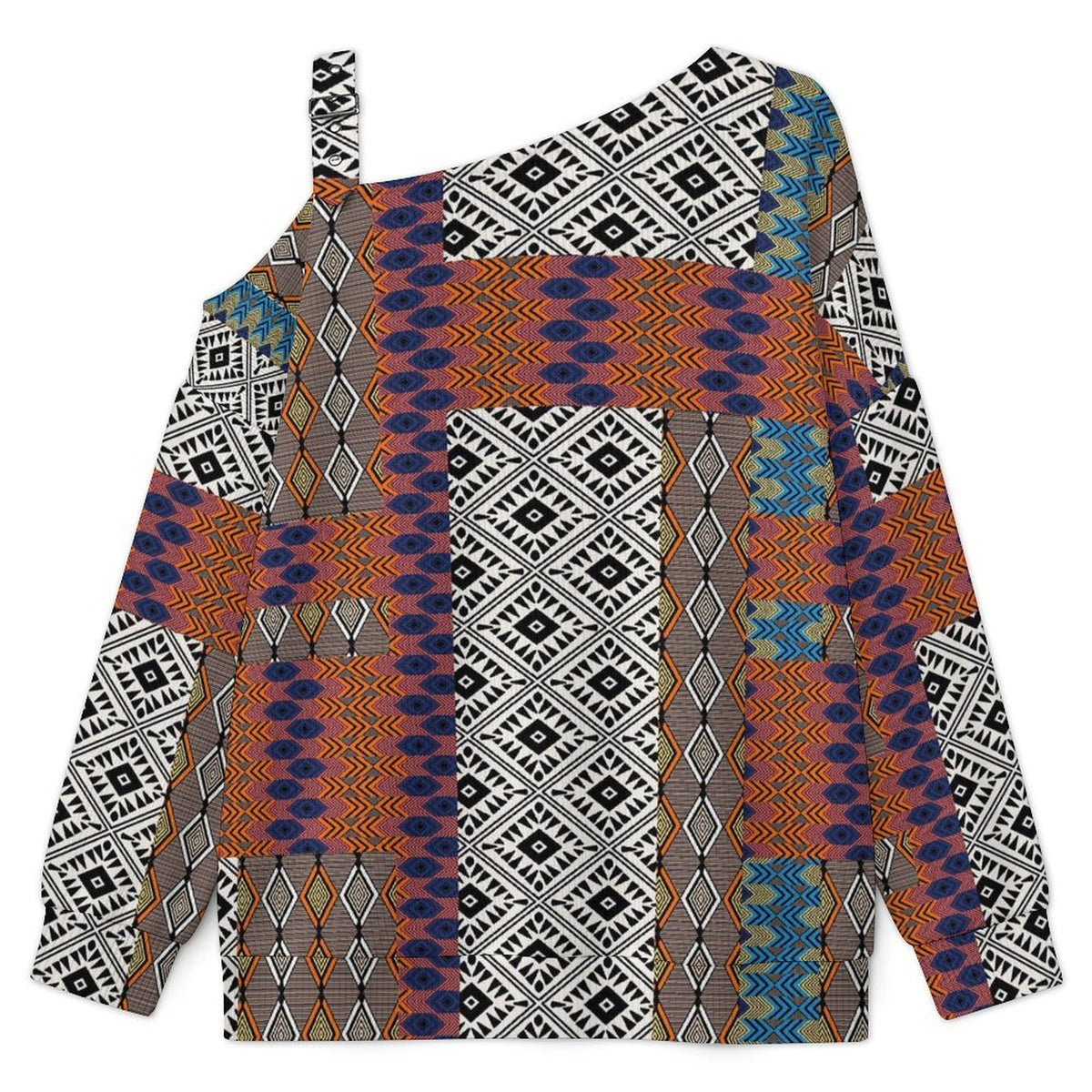 Off-the-shoulder Sweater European Retro Pattern  Asymmetric Cold Shoulder Knit Sweater for Women, Adjustable Buckle Strap Long Sleeve Casual Slouchy Pullover