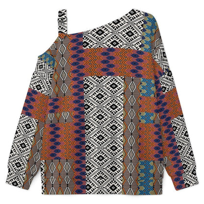 Off-the-shoulder Sweater European Retro Pattern  Asymmetric Cold Shoulder Knit Sweater for Women, Adjustable Buckle Strap Long Sleeve Casual Slouchy Pullover