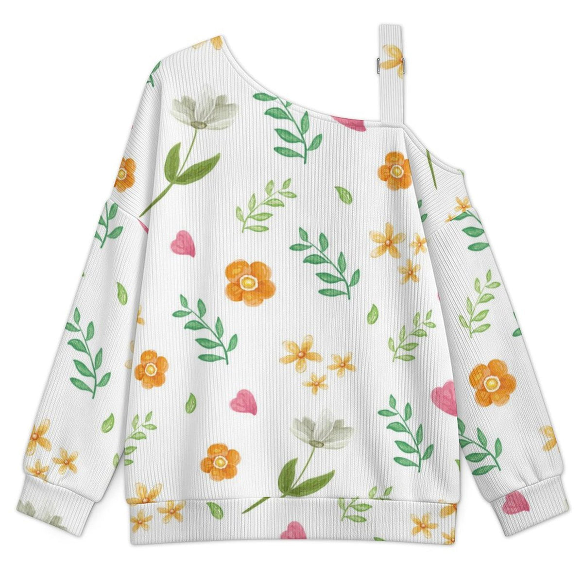 Off-the-shoulder Sweater Floral Pattern  Asymmetric Cold Shoulder Knit Sweater for Women, Adjustable Buckle Strap Long Sleeve Casual Slouchy Pullover