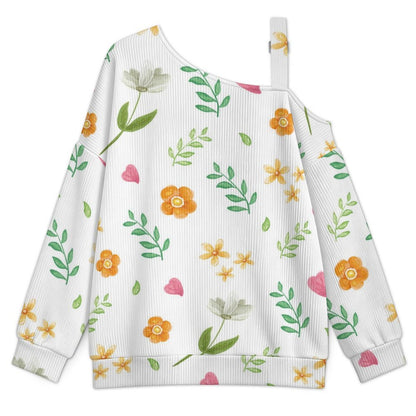 Off-the-shoulder Sweater Floral Pattern  Asymmetric Cold Shoulder Knit Sweater for Women, Adjustable Buckle Strap Long Sleeve Casual Slouchy Pullover