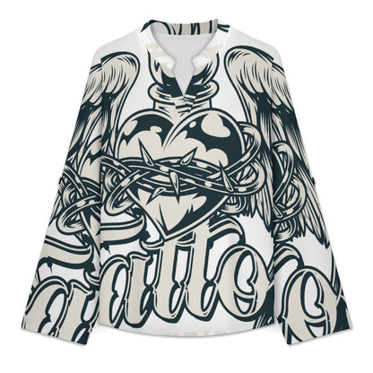 Stand-up Collar Long-sleeved Shirt Heart, Angel, Wings  Customization Women’s V-Neck Blouses,long Sleeve,Roll-Up Sleeve Shirt