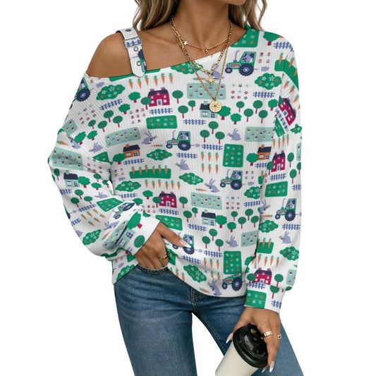 Off-the-shoulder Sweater Cartoon Background  Asymmetric Cold Shoulder Knit Sweater for Women, Adjustable Buckle Strap Long Sleeve Casual Slouchy Pullover