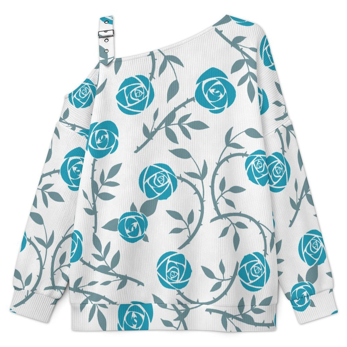 Off-the-shoulder Sweater Blue Rose Tile Decorative Pattern  Asymmetric Cold Shoulder Knit Sweater for Women, Adjustable Buckle Strap Long Sleeve Casual Slouchy Pullover
