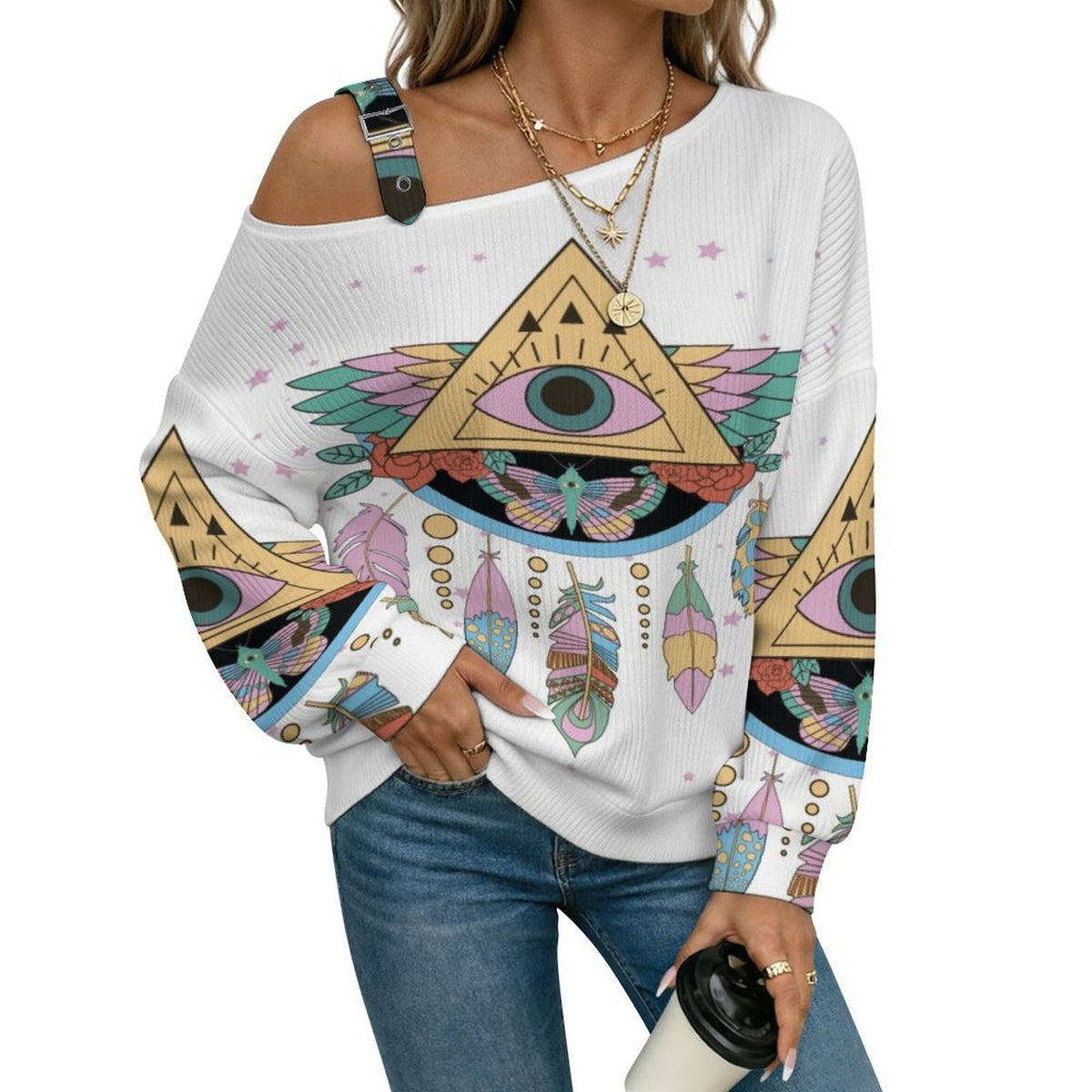 Off-the-shoulder Sweater Feathers Eye  Asymmetric Cold Shoulder Knit Sweater for Women, Adjustable Buckle Strap Long Sleeve Casual Slouchy Pullover