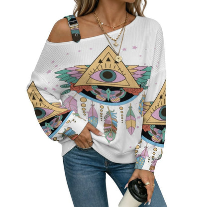 Off-the-shoulder Sweater Feathers Eye  Asymmetric Cold Shoulder Knit Sweater for Women, Adjustable Buckle Strap Long Sleeve Casual Slouchy Pullover
