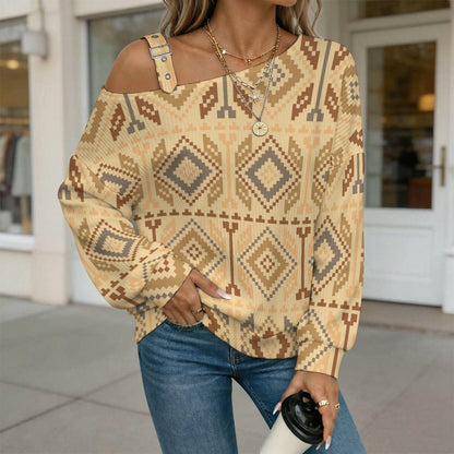 Off-the-shoulder Sweater European Retro Pattern  Asymmetric Cold Shoulder Knit Sweater for Women, Adjustable Buckle Strap Long Sleeve Casual Slouchy Pullover