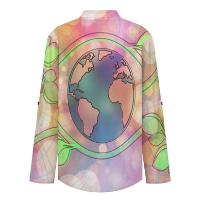 Stand-up Collar Long-sleeved Shirt Plants, Protect The Earth  Customization Women’s V-Neck Blouses,long Sleeve,Roll-Up Sleeve Shirt